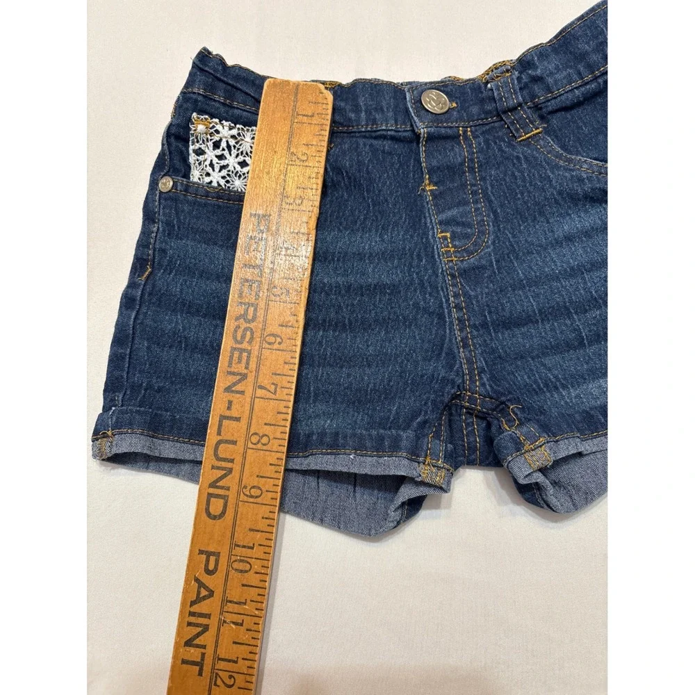Beautees Girls Dark Wash Denim Butterfly Lace Shorts Size S 7/8 Elastic Waist